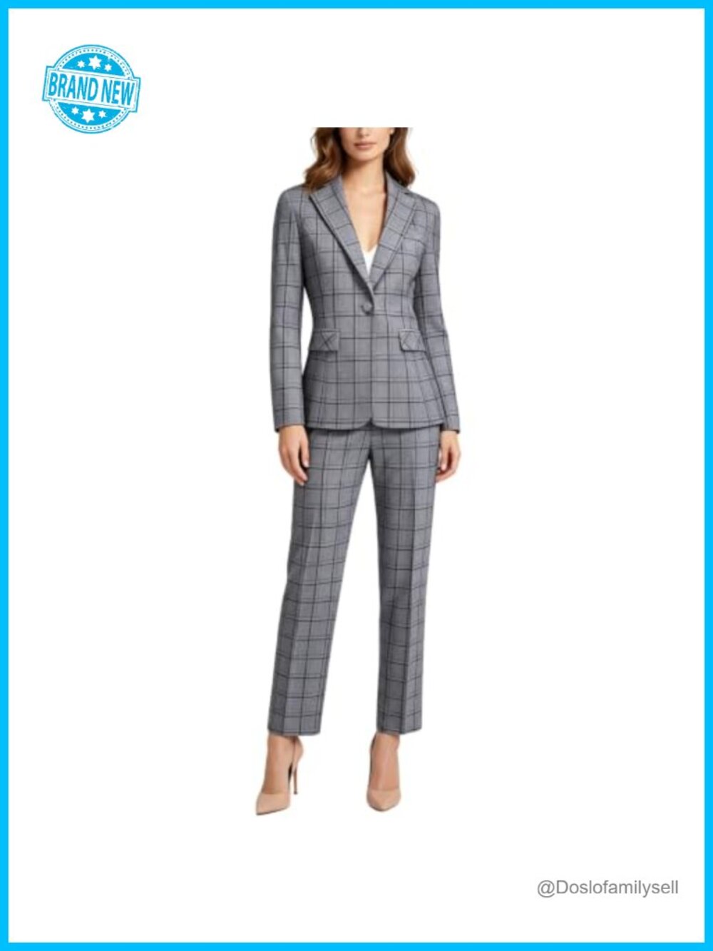 Women's 2 Piece Plaid Pant Suit Business Work Blazer Straight Leg Set